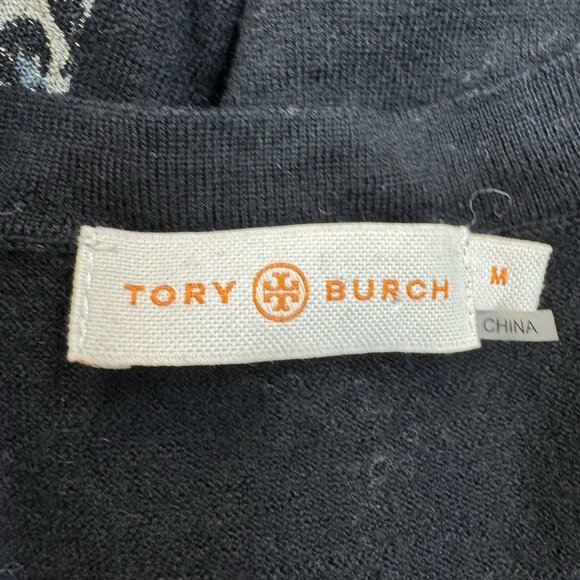 Tory Burch Metallic Floral Merino Wool Sweater Size M Long Sheer Sleeve - Picture 6 of 7